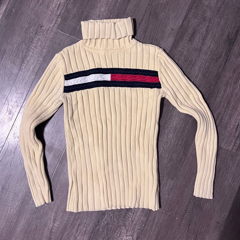 Tommy Hilfiger Yellow Y2K Ribbed Turtleneck Sweater Flag Stripe Size Medium